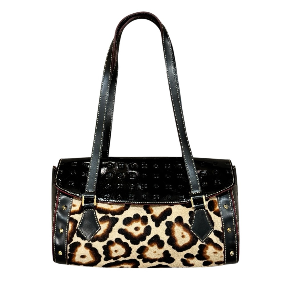 Arcadia Leopard Print Calf Hair and Patent Leather Purse